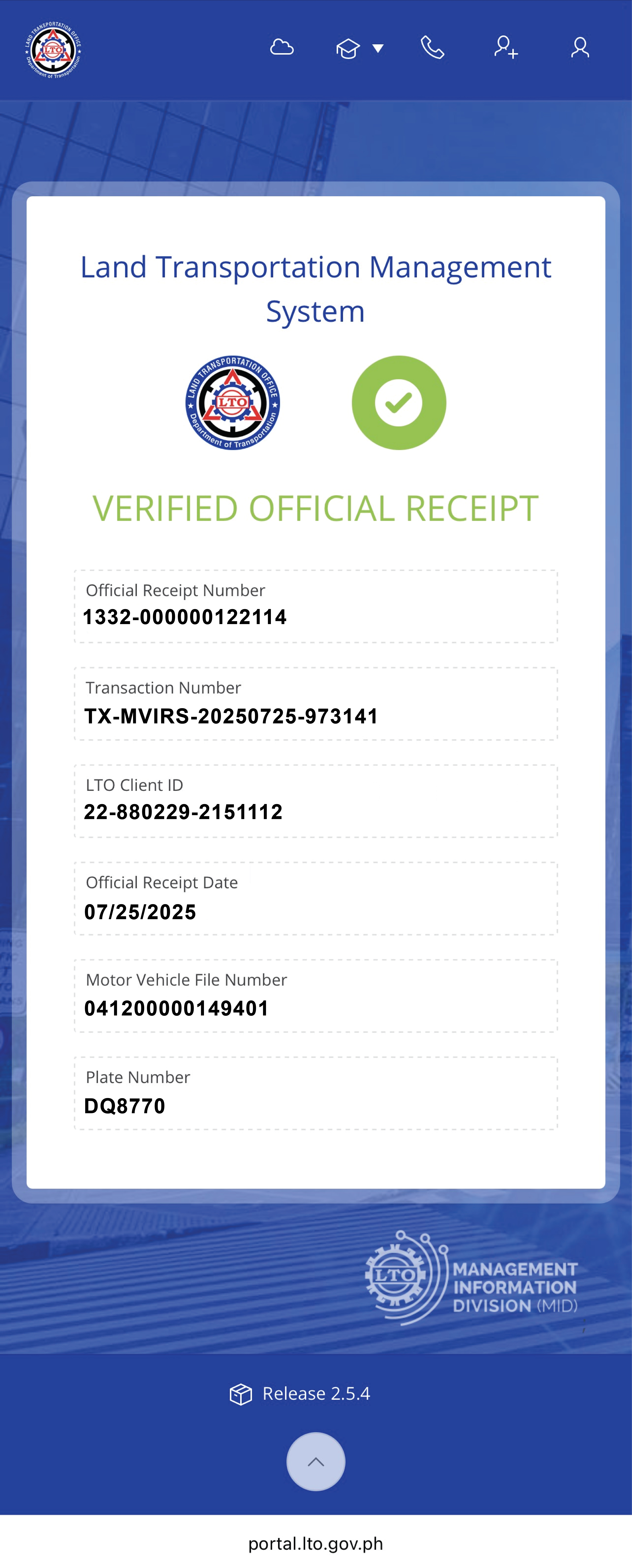 Verified Official Receipt